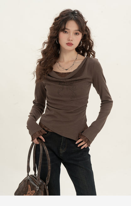 Retro Printed Swing Collar Long-sleeved T-shirt Women's Slimming False Two-piece Top