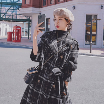Women's Loose And Thick Mid-length French Plaid Woolen Coat