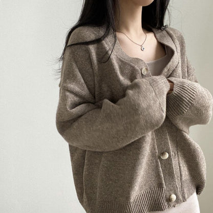 Retro V-neck Buckle Loose Leisure All-matching Long Sleeve Thick Knitted Cardigan Coat For Women