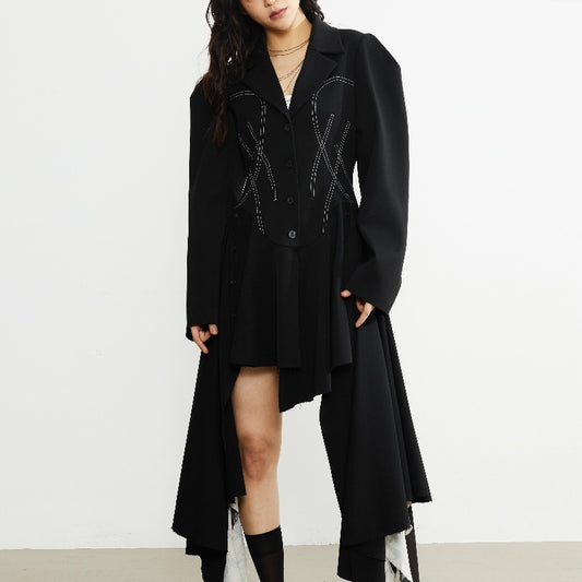 Retro Decorative Open-line Irregular Hem Profile Suit Large Coat
