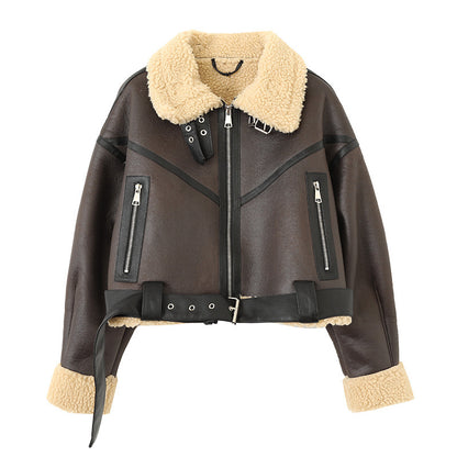 Short PU Lamb Fur Coat Women's Versatile Thickened