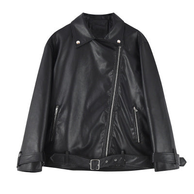 Collision Color Locomotive Women Loose Short Pu Leather Jacket